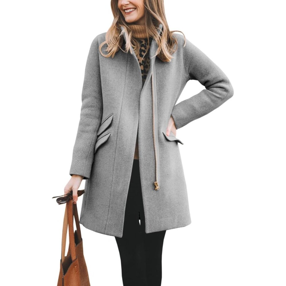 ✨ Women's Grey Long Wool Blend Coat Classic Zip Up Open Front Winter Jacket